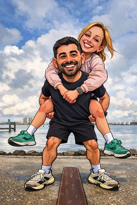 Cartoon of Tom giving Anna a piggyback by the water, both in running kit and grinning.